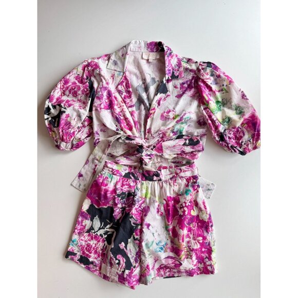 ROCOCO SAND Tessa Pink Floral Cotton Puff Sleeve Wrap Top Shorts Set, Size S - Picture 5 of 16